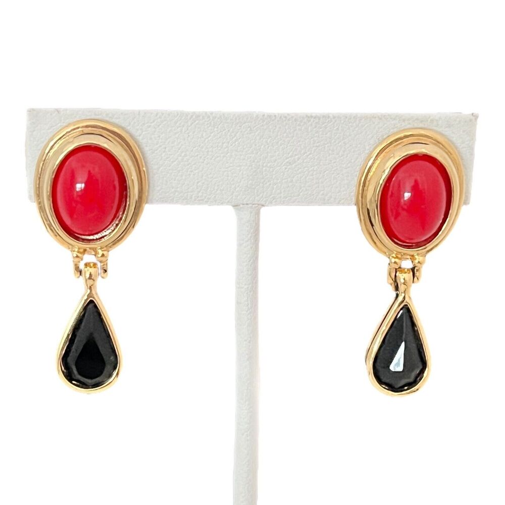 Vintage 1980s Earrings Red Cabochon Black Drop Gold Tone Clip On - 4O